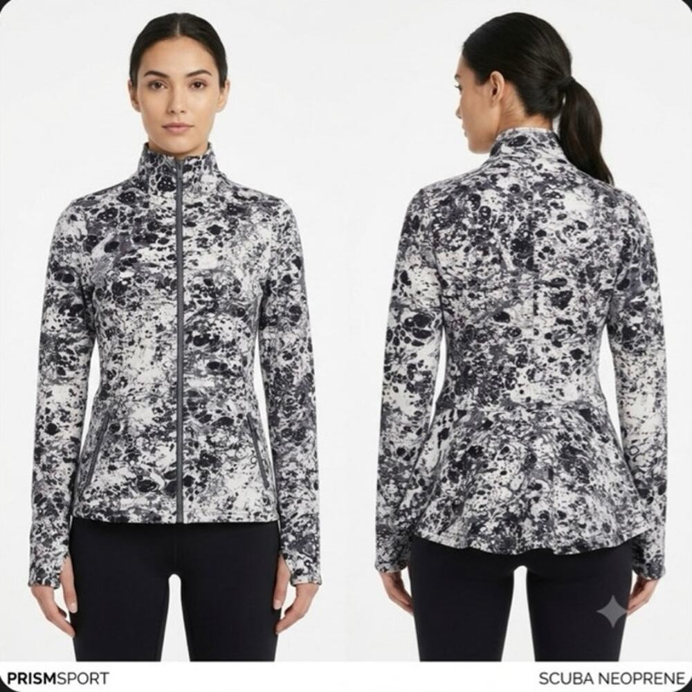 PrismSport Scuba Rear Ruffle Full Zip Jacket Black White Paint Splatter Size S